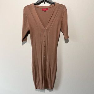 GUESS- Brown Button-Up Ribbed Dress with Short Sleeves Size XL